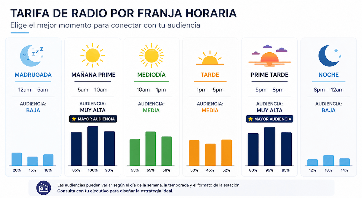 Tarifas de radio por franja horaria en Colombia
